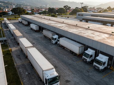 Overhead wide view of Medellín logistics hub at dawn, modern freight trucks lined at loading docks, clear sightlines across the facility, natural daylight, operational scale visible