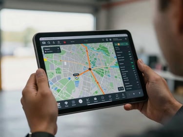 Close-up of hands holding a tablet displaying a live satellite tracking interface with a route map, GPS waypoints marked in orange, cargo status indicators, and driver data fields visible on screen — natural daylight from a warehouse window illuminating the device