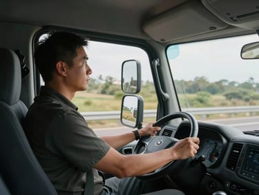 Driver in motion inside modern truck cabin, viewed from behind and slightly to the side, hands on wheel, road infrastructure visible ahead, natural daylight, no portrait — emphasizing the operator in active duty