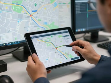 Hands of a logistics operator managing live GPS route data on a tablet inside a dispatch center, multiple route lines visible on screen, overhead distribution map in background, clean daylight, real work environment