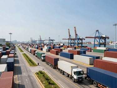 Wide panoramic view of Cartagena port logistics area at midday, container trucks on access roads, industrial port infrastructure in background, clear sky, real operational environment