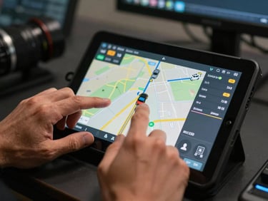 Close-up of hands operating a GPS satellite tracking tablet interface, live route data and vehicle position markers visible on screen, control room environment, precise artificial lighting highlighting the display