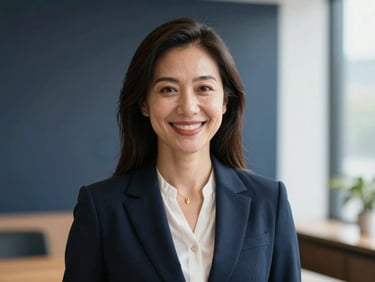 Reassuring female lawyer smiling warmly, professional corporate setting, soft lighting, deep navy background, elite legal counsel portrait