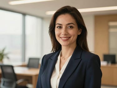 Warm editorial portrait of an empathetic female lawyer smiling reassuringly, modern corporate office background, soft lighting, professional atmosphere, shallow depth of field.