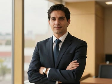 Confident professional lawyer in a tailored dark suit looking directly at the camera, warm editorial portrait, soft natural window light, modern Colombian corporate environment