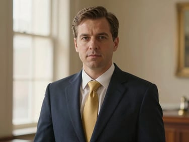Warm editorial portrait of a confident defense lawyer looking directly at the camera, soft natural window light, deep navy suit, warm gold accents, shallow depth of field.