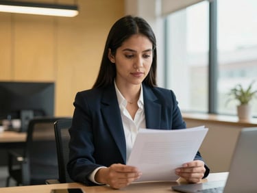 Professional portrait of a focused labor attorney holding documents, modern Colombian workspace, warm editorial lighting, shallow depth of field.