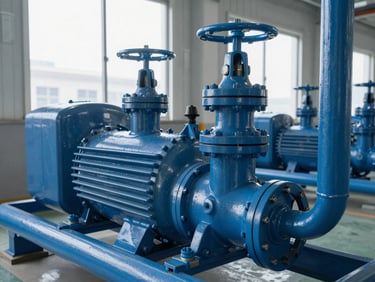 Industrial air compressor installation with clean blue metal piping and heavy valves, crisp daylight filtering from factory window