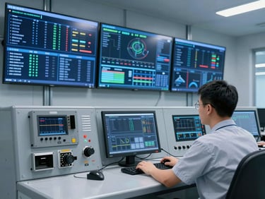 Modern commercial building control room with an engineer analyzing complex digital dashboard on multiple screens, metallic blue tones