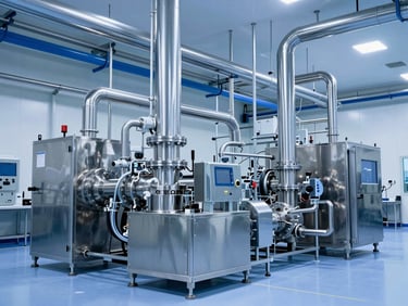 Wide shot of a clean pharmaceutical manufacturing facility with blue-lit stainless steel HVAC ducting and cleanroom piping, industrial lighting