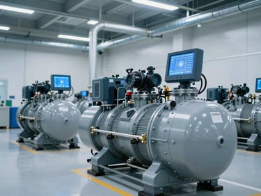 Wide environmental shot of a clean industrial compressor installation with technical piping and blue-toned digital screen glows, crisp focus, 35mm lens