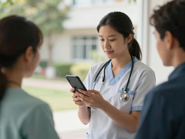 A community health worker holding a mobile device in an outdoor clinic setting, soft natural daylight