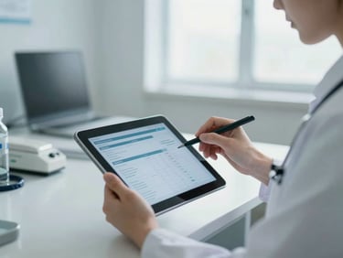 A clinician in a bright, naturally lit room using a tablet to analyze diagnostic data, cool clinical tones