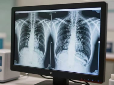 Close-up of a standard medical monitor showing anonymized chest radiographs with clinical heatmaps, natural daylight