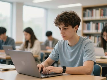 A candid medium shot of an international student with a laptop sitting in a bright, modern European university library, soft morning light, shallow depth of field, 35mm.