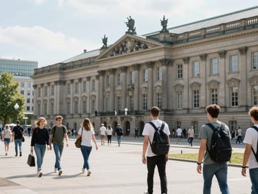 Bright daylight wide shot of Berlin university campus with historic architecture and modern students walking, cool-toned, shallow depth of field