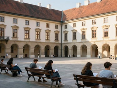 Beautiful historic university courtyard in Budapest, soft golden hour sunlight, students studying on benches, authentic atmosphere