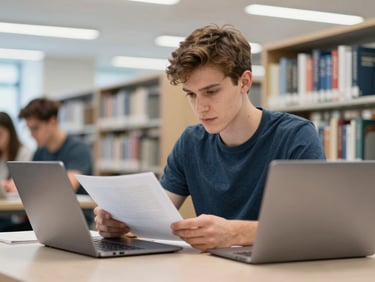 Candid shot of an international student reviewing documents on a laptop in a bright, modern European university library, cool daylight, shallow depth of field