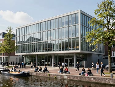 Modern glass-fronted university building along a canal in Amsterdam, bright natural daylight, authentic student transit scene