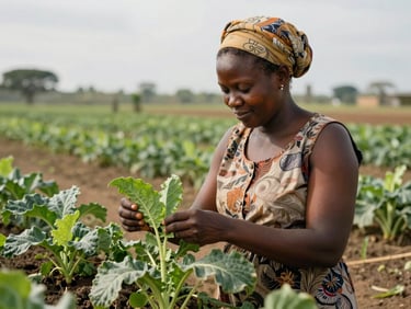 Une agricultrice locale souriante inspectant des cultures maraîchères résilientes dans un champ communautaire irrigué à Maroua.