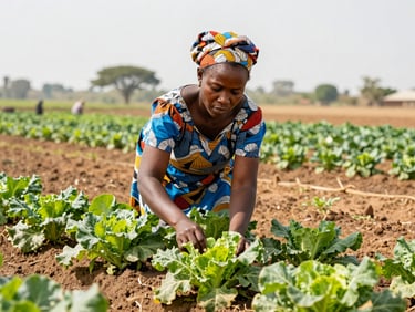 A proud Cameroonian woman farmer tending to vibrant green vegetable crops in a dry-season irrigated field near Maroua, bright daylight, focus on her active hands.