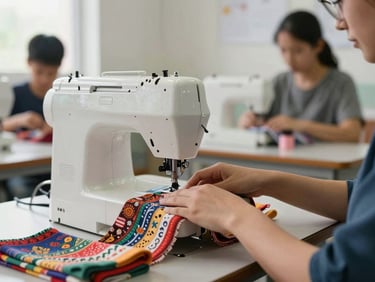 Medium shot of hands operating a modern sewing machine in a bright classroom, colorful local fabrics, focused student in the background under natural window light.