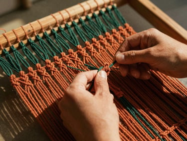Close-up of hands weaving a complex macramé tapestry on a wooden frame, warm golden-hour sunlight casting long soft shadows, rich terracotta and deep green threads visible, 35mm photography.