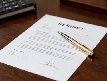Close-up of signed legal contracts and a golden pen on a dark mahogany desk, professional warm office lighting, editorial corporate photography