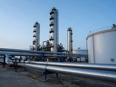 Wide-angle architectural shot of a modern petrochemical storage facility under cool morning light, metallic pipelines, deep blue and teal tones, sharp focus.