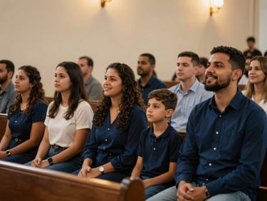 Família sentada nos bancos da igreja, sorrindo e orando juntos, luz natural suave, ambiente acolhedor e caloroso