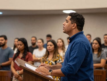 Pastor pregando com paixão em um púlpito moderno, luz quente de culto, congregação em foco suave ao fundo, perspectiva de ombro