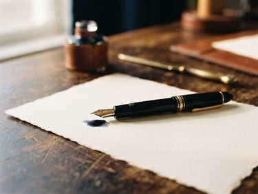 Close-up of elegant fountain pen resting on textured cream paper, soft warm ink-blue shadows, vintage desk setting, shallow depth of field, 35mm film