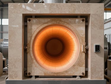 Close-up of a massive automated industrial kiln inside a tile factory, glowing warm orange heat from the interior, sharp technical detail, 35mm