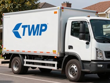 Close-up of a modern service truck parked on a residential street during bright daylight, clean trade branding visible on the side panel, sharp focus.