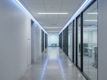 Sleek architectural photography of a modern commercial office corridor with sharp blue LED smart lighting accents, high-key studio lighting, technical minimalism, 35mm
