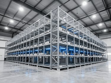 Wide-angle architectural perspective of a massive commercial warehouse interior, sleek steel shelves, automated logistics, cool high-key lighting
