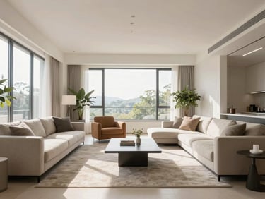 Bright, well-organized modern living room with natural daylight, wide-angle architectural lines, minimalist furniture, high exposure.