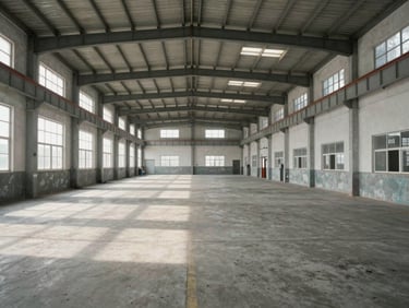 Straight-on architectural photograph of a bright, empty industrial warehouse, natural daylight, clean concrete floor, high ceiling structure, realistic exposure.