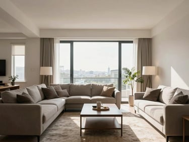 Bright, well-organized modern apartment living room, natural daylight streaming through large windows, straight-on architectural lines, no clutter