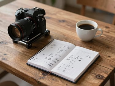 A rustic wooden table with a camera rig, a notebook with hand-sketched content calendars, and a single cup of black coffee in soft Scandinavian daylight.