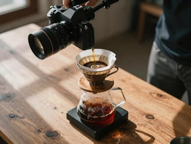 A high-angle shot of a camera rig capturing a pour-over coffee on a rustic wooden table, soft Scandinavian daylight casting long shadows.