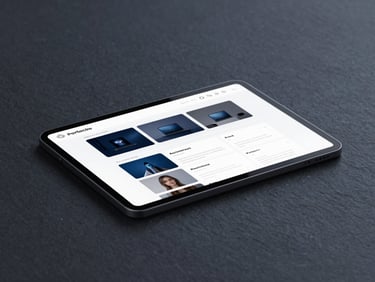 Minimalist tech photography, cool diffused studio lighting, dark slate and electric blue tones, macro depth of field showing a sleek dark-mode portfolio website layout.