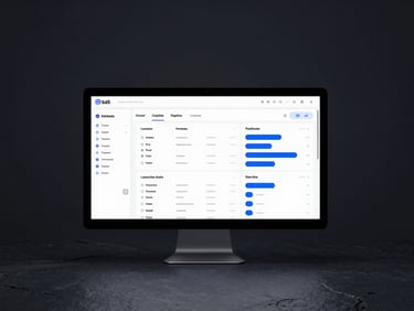 Minimalist tech photography, cool diffused studio lighting, dark slate and electric blue tones, macro depth of field showing a high-fidelity SaaS dashboard on a sleek monitor.