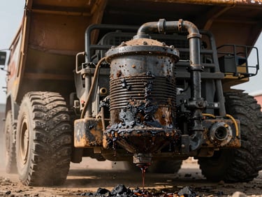 Close-up of a heavily clogged industrial fuel filter from a mining truck, dark and viscous residue, harsh industrial lighting