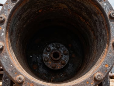 Corroded interior of a heavy-duty fuel tank, rust and pitting visible, industrial-grade close-up, high contrast