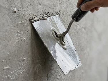 Extreme close-up of a steel trowel applying wet gray microcement paste onto a primed concrete wall, sharp raking light showing fine mineral texture, industrial precision, cool tones.