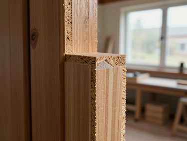 Close-up of a door edge cross-section showing layered engineered timber construction and solid hardwood lipping, natural daylight from a workshop window, grain and laminate layers clearly visible, no tools or staging