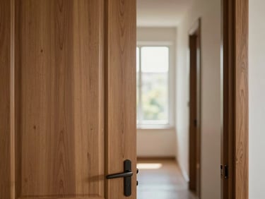 Close-up of a custom solid-wood internal door installed in a residential hallway — door frame joinery tight to the wall, grain running vertically, natural daylight from a window at the end of the hall