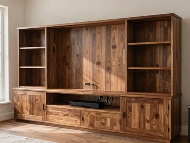 Straight-on shot of a custom TV media unit installed along a living room wall — shelving, cable routing slots, and closed lower cabinet doors visible, daylight from a window to one side casting soft shadows across the wood grain
