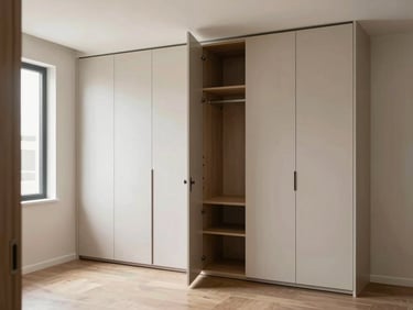 Wide environmental shot of a full built-in wardrobe and storage cabinet wall installed in a bedroom, photographed from the doorway — daylight from a side window, doors open on one section revealing interior shelving, real room floor and ceiling visible